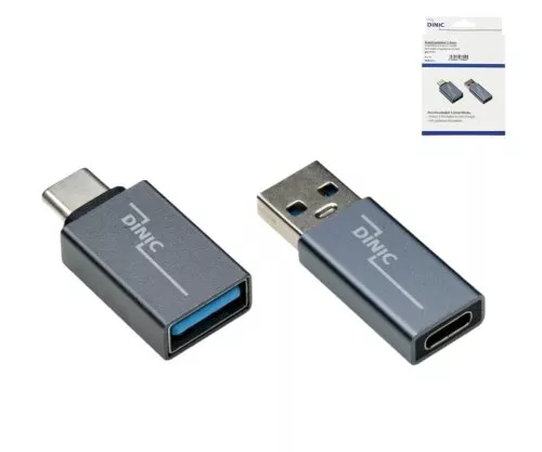 Set, 1x USB C plug to A socket + 1x C socket to A plug, 2x USB adapter, aluminium, space grey, DINIC box with Euro hole